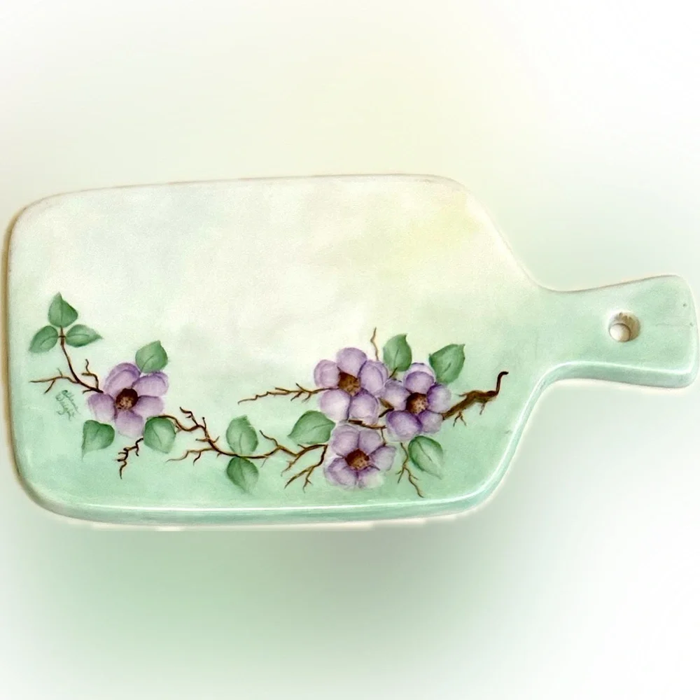 VTG PORCELAIN CHEESE BOARD HAND PAINTED CHINA PURPLE VIOLET GREEN FLOWER KITCHEN